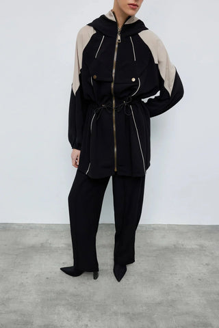 Kontrast Bel Büzgülü Ceket Pantolon Siyah