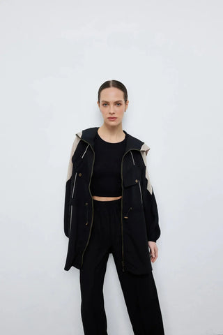 Kontrast Bel Büzgülü Ceket Pantolon Siyah
