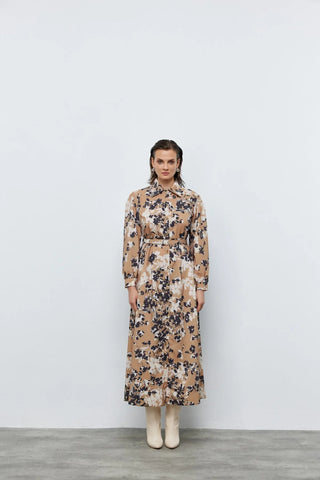 Fular Detaylı Kemerli Elbise Çiçek