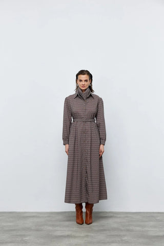 Fular Detaylı Kemerli Elbise Geometrik