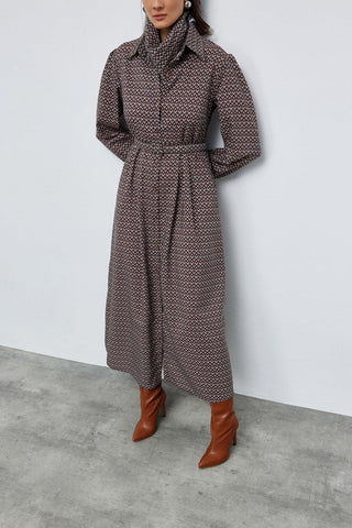 Fular Detaylı Kemerli Elbise Geometrik