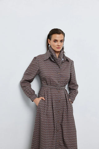 Fular Detaylı Kemerli Elbise Geometrik