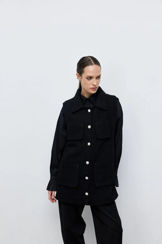 Tüvit İnci Düğmeli Yelek Siyah