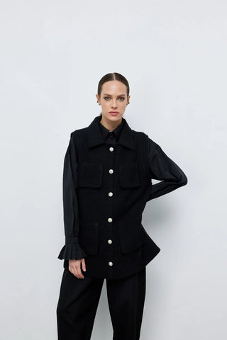 Tüvit İnci Düğmeli Yelek Siyah