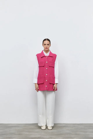 Tüvit İnci Düğmeli Yelek Fuşya