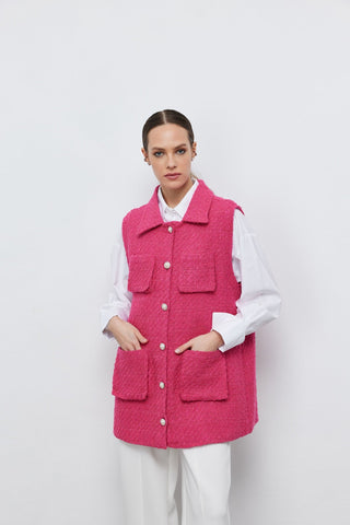 Tüvit İnci Düğmeli Yelek Fuşya