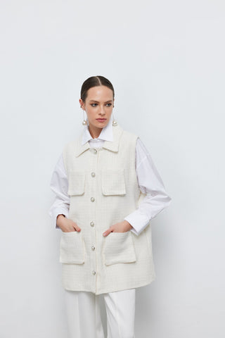 Tüvit İnci Düğmeli Yelek Ekru