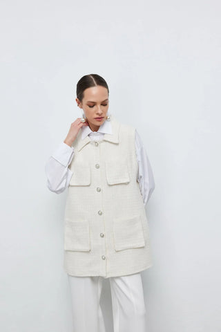 Tüvit İnci Düğmeli Yelek Ekru