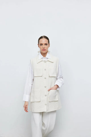 Tüvit İnci Düğmeli Yelek Ekru