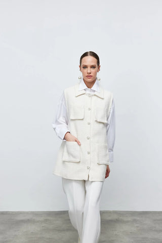 Tüvit İnci Düğmeli Yelek Ekru