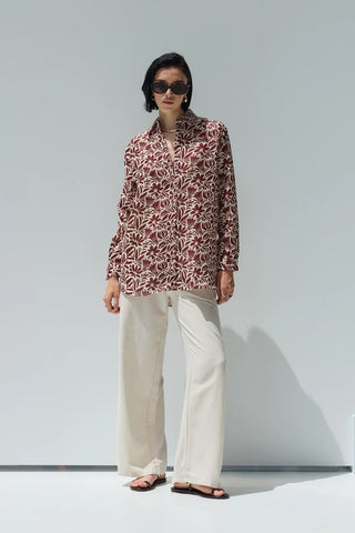 Beliz Keten Gömlek Bordo Desenli