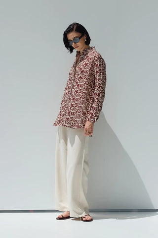 Beliz Keten Gömlek Bordo Desenli