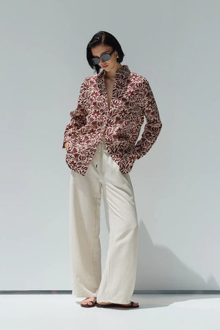 Beliz Keten Gömlek Bordo Desenli