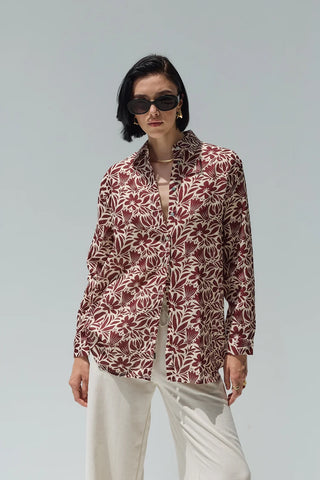 Beliz Keten Gömlek Bordo Desenli