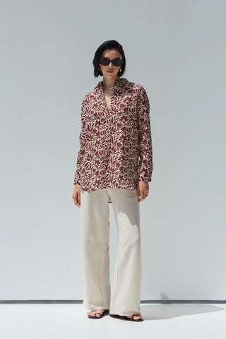 Beliz Keten Gömlek Bordo Desenli