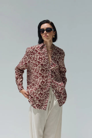 Beliz Keten Gömlek Bordo Desenli
