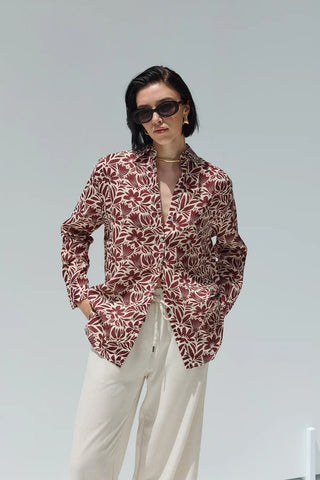 Beliz Keten Gömlek Bordo Desenli