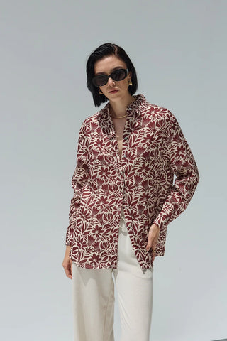 Beliz Keten Gömlek Bordo Desenli