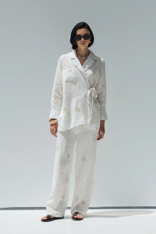 Luna Keten Nakışlı Pantolon  Ekru