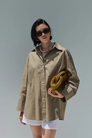 Oversize Keten Gömlek Bej