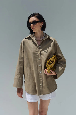 Oversize Keten Gömlek Bej