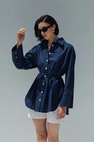 Oversize Keten Gömlek Lacivert