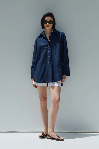 Oversize Keten Gömlek Lacivert