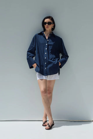 Oversize Keten Gömlek Lacivert