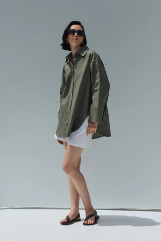 Oversize Keten Gömlek Haki Yeşil