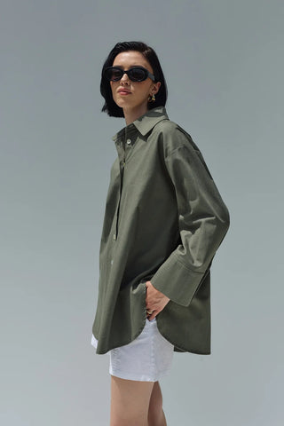 Oversize Keten Gömlek Haki Yeşil