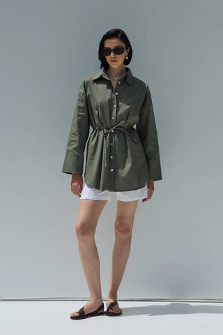 Oversize Keten Gömlek Haki Yeşil