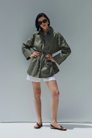Oversize Keten Gömlek Haki Yeşil