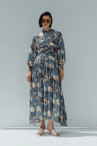 Flow Şifon Elbise Mavi Çiçekli