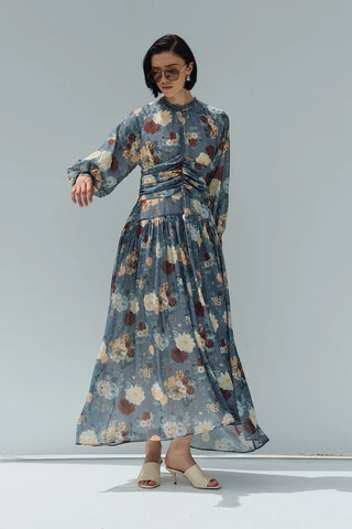 Flow Şifon Elbise Mavi Çiçekli