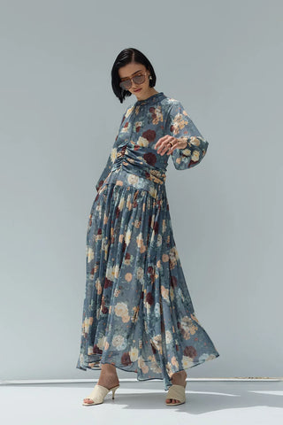 Flow Şifon Elbise Mavi Çiçekli