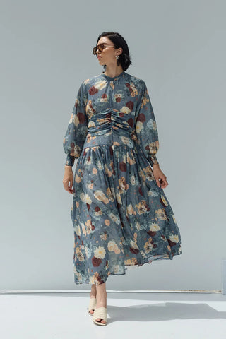 Flow Şifon Elbise Mavi Çiçekli