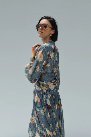 Flow Şifon Elbise Mavi Çiçekli