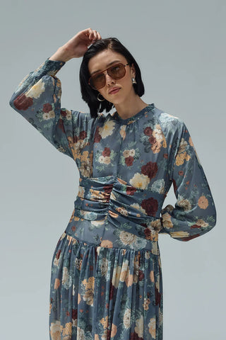 Flow Şifon Elbise Mavi Çiçekli