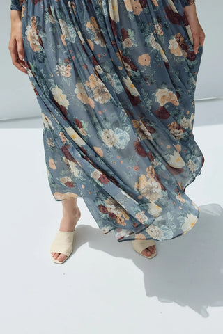 Flow Şifon Elbise Mavi Çiçekli