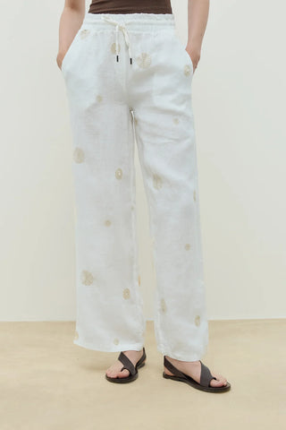 Luna Keten Nakışlı Pantolon  Ekru