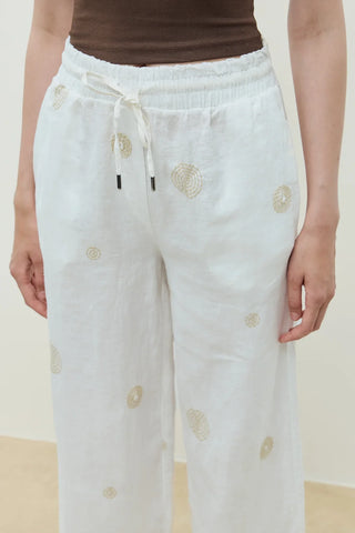 Luna Keten Nakışlı Pantolon  Ekru