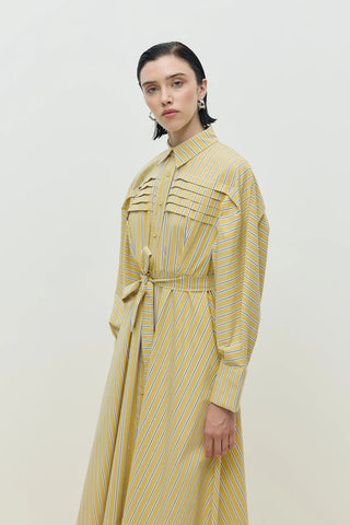 Nervürlü Paris Elbise Sarı Çizgili