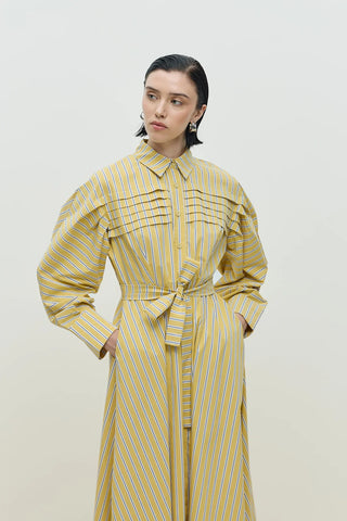 Nervürlü Paris Elbise Sarı Çizgili