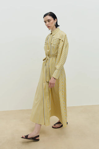 Nervürlü Paris Elbise Sarı Çizgili