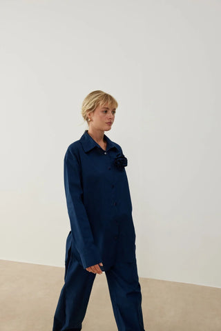 Yuti Gül Broşlu Keten Takım Lacivert