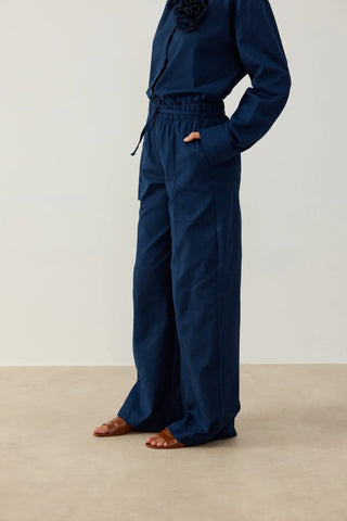 Keten Yüksek Bel Pantolon Koyu Lacivert