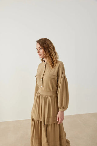 Bella Nervürlü Etek Gömlek Takım Camel