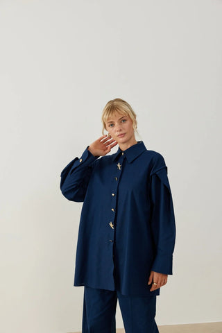 Piloma Düğme Detaylı Keten Gömlek Lacivert