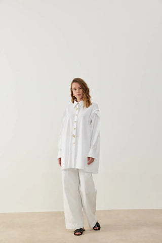 Piloma Düğme Detaylı Keten Gömlek Beyaz