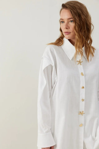 Piloma Düğme Detaylı Keten Gömlek Beyaz